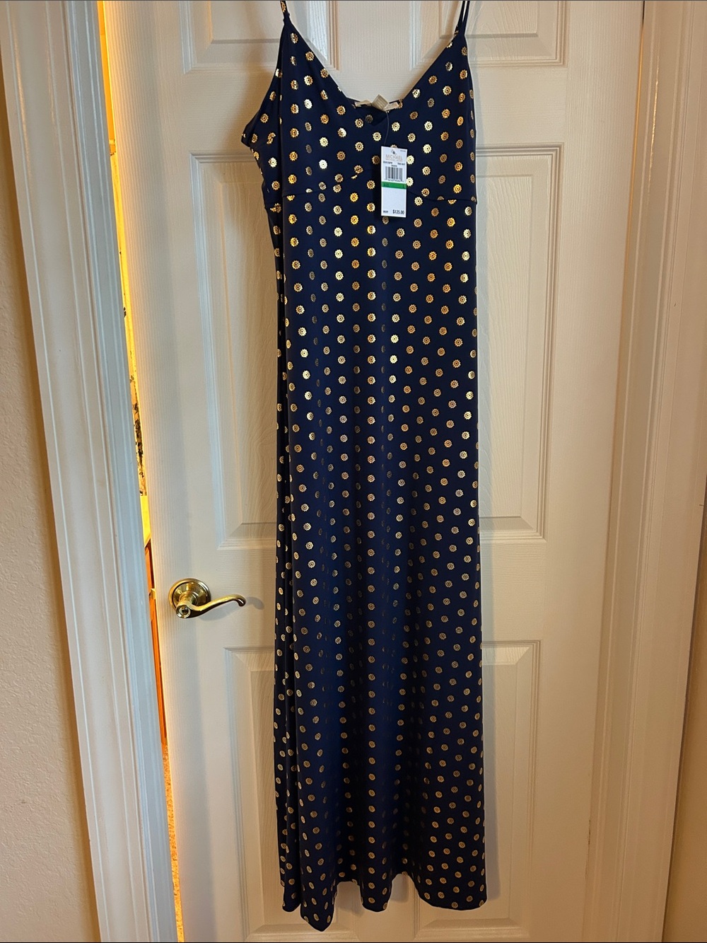 Michael Kors Navy Maxi Slip Dress with Gold Dot Print